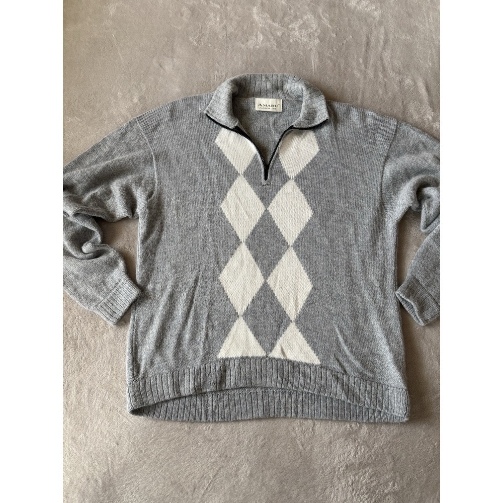 Amaru Men's‎ XL 100% Alpaca 1/4 Zip Diamond Sweater Grey